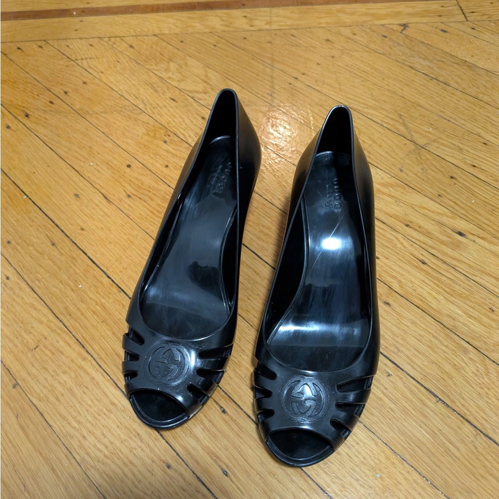 Gucci Black Peep Toe Jelly Wedge
